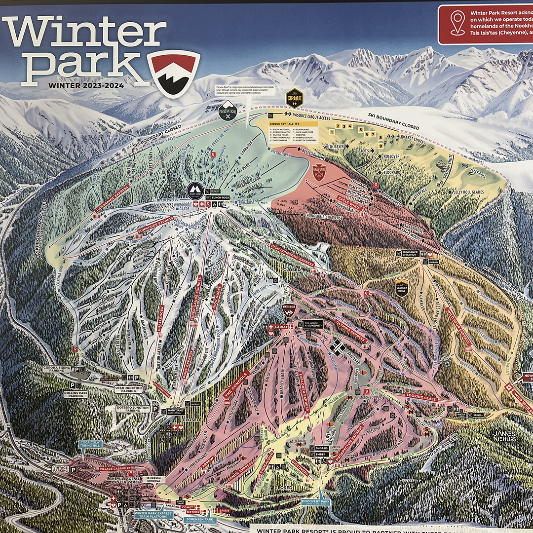 A map showing the Winter Park ski territories