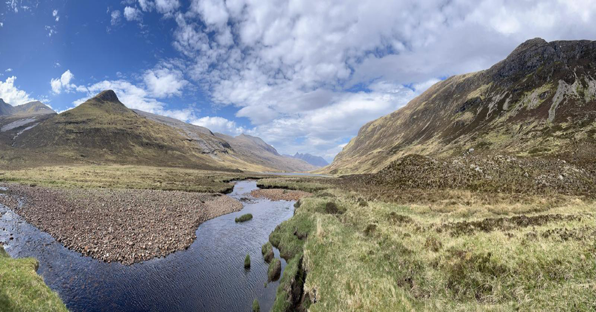 Panoramic view of the Fisherfield Forest on the Cape Wrath Trail